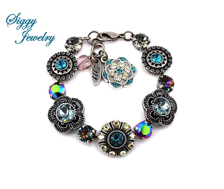 Roxanne Austrian Crystal Flower Bracelet, Shimmering Blues, Antique Silver Plate
