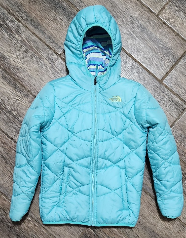 The North Face Girls 10/12 Reversible Green Striped Hooded Down Puffer Coat