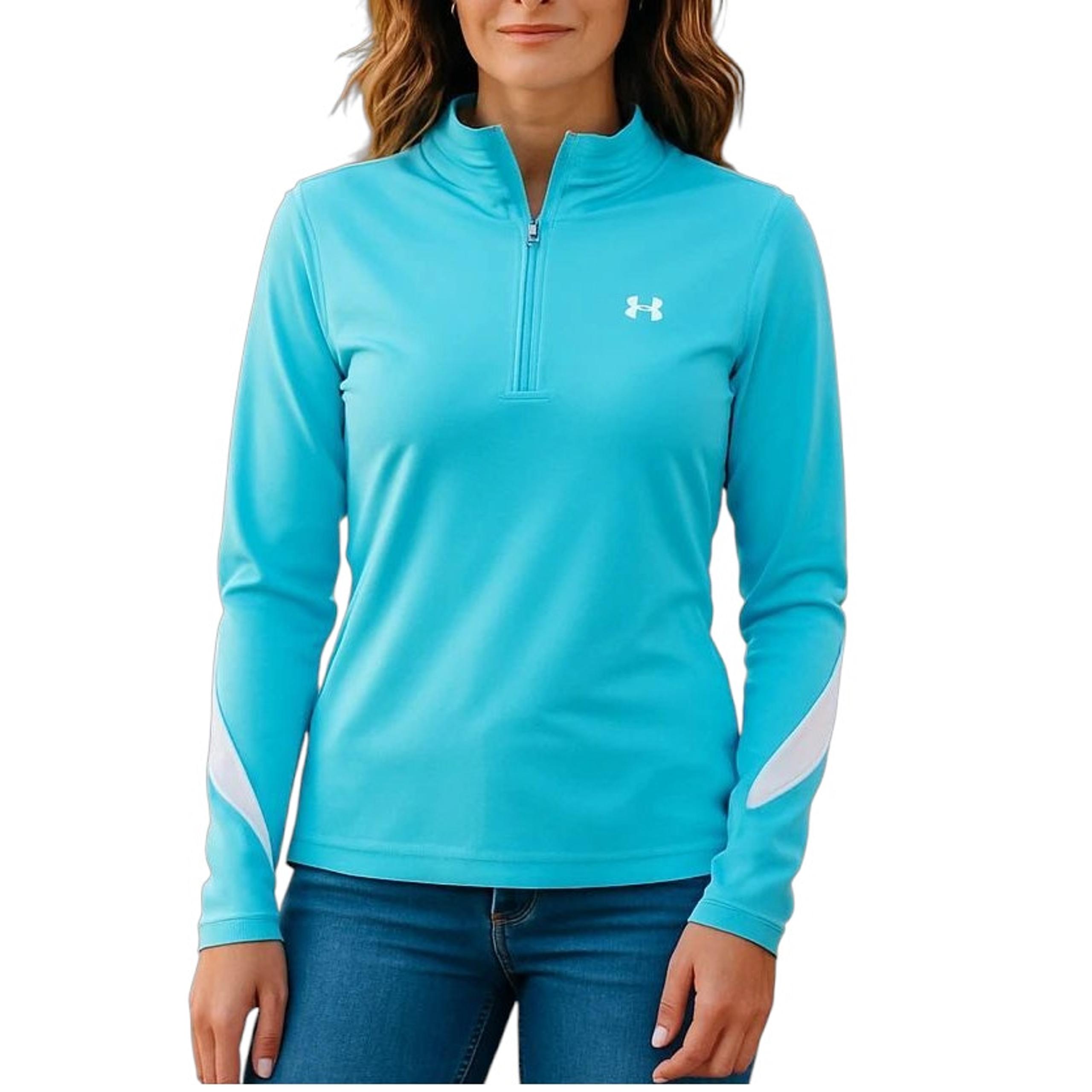 Under Armour 1/4 Zip Athletic Top Women's Size S Blue White Long Sleeve Logo