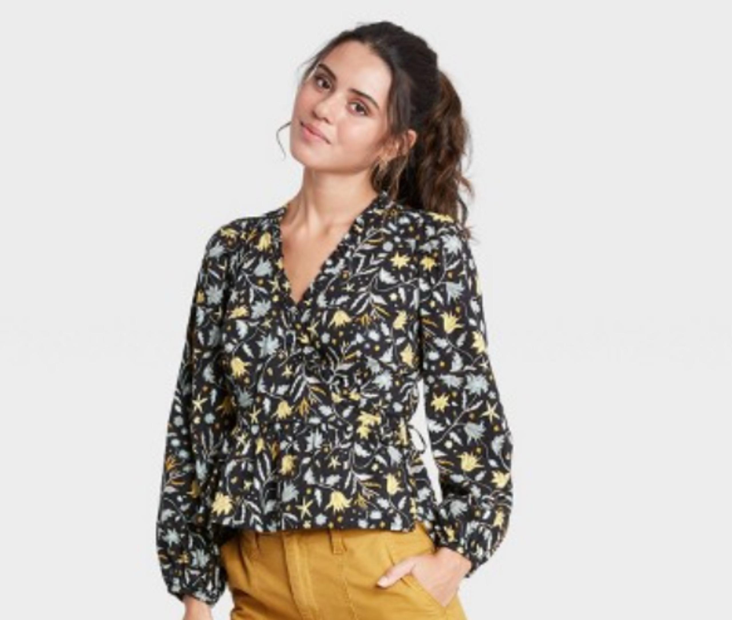 WWomen's Balloon Long Sleeve Wrap Top - -Black Floral - XS -S153 - Universal Thread