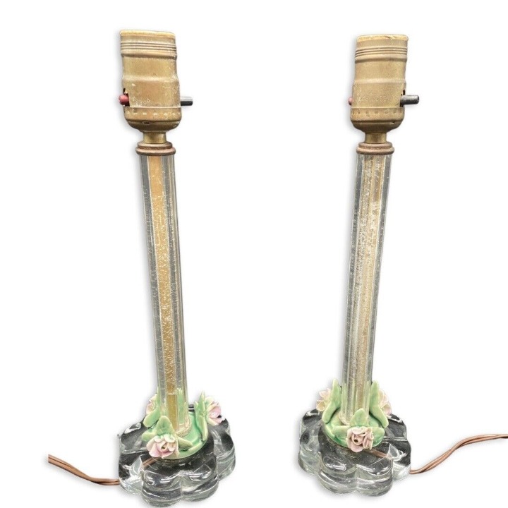 Vintage Art Deco Lamps- Pair- Glass With Pink Ceramic Roses At Base