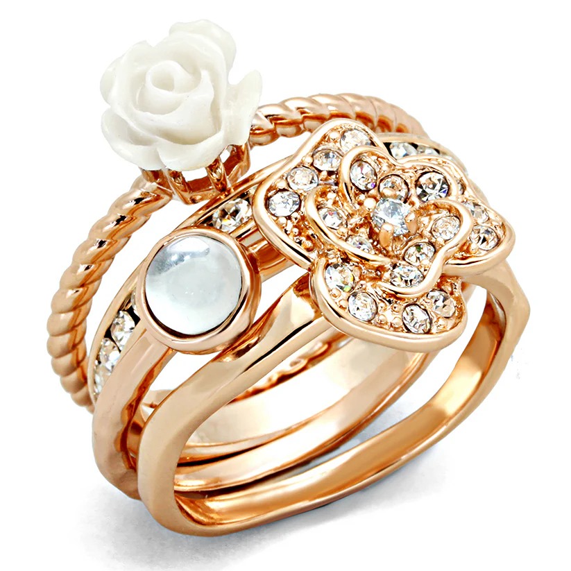 Rose Gold Brass Ring with Synthetic Synthetic Stone in White Size 5