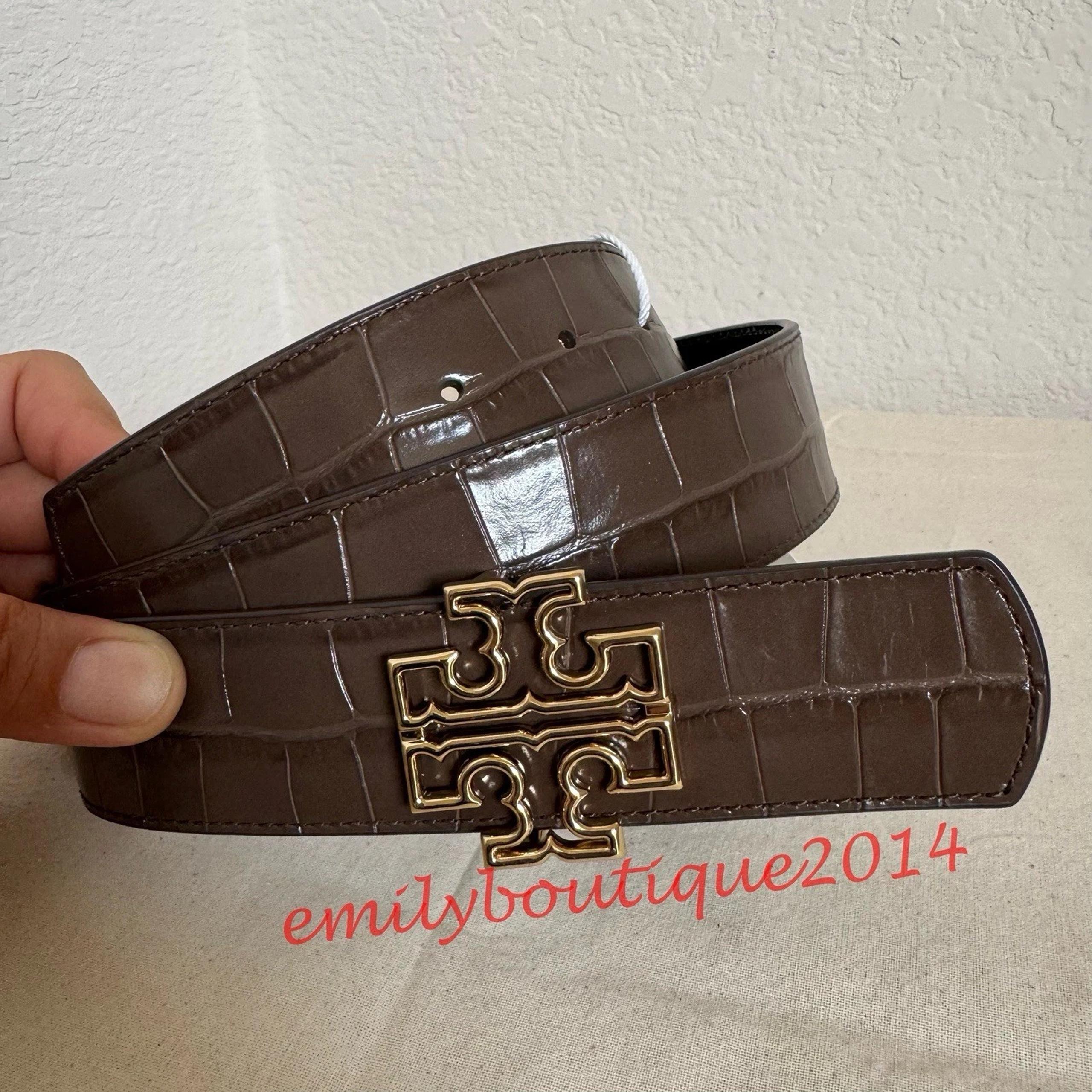 NWT 140973 Britten Logo Reversible Croc Embossed Leather Belt 1.5" - Tory Burch