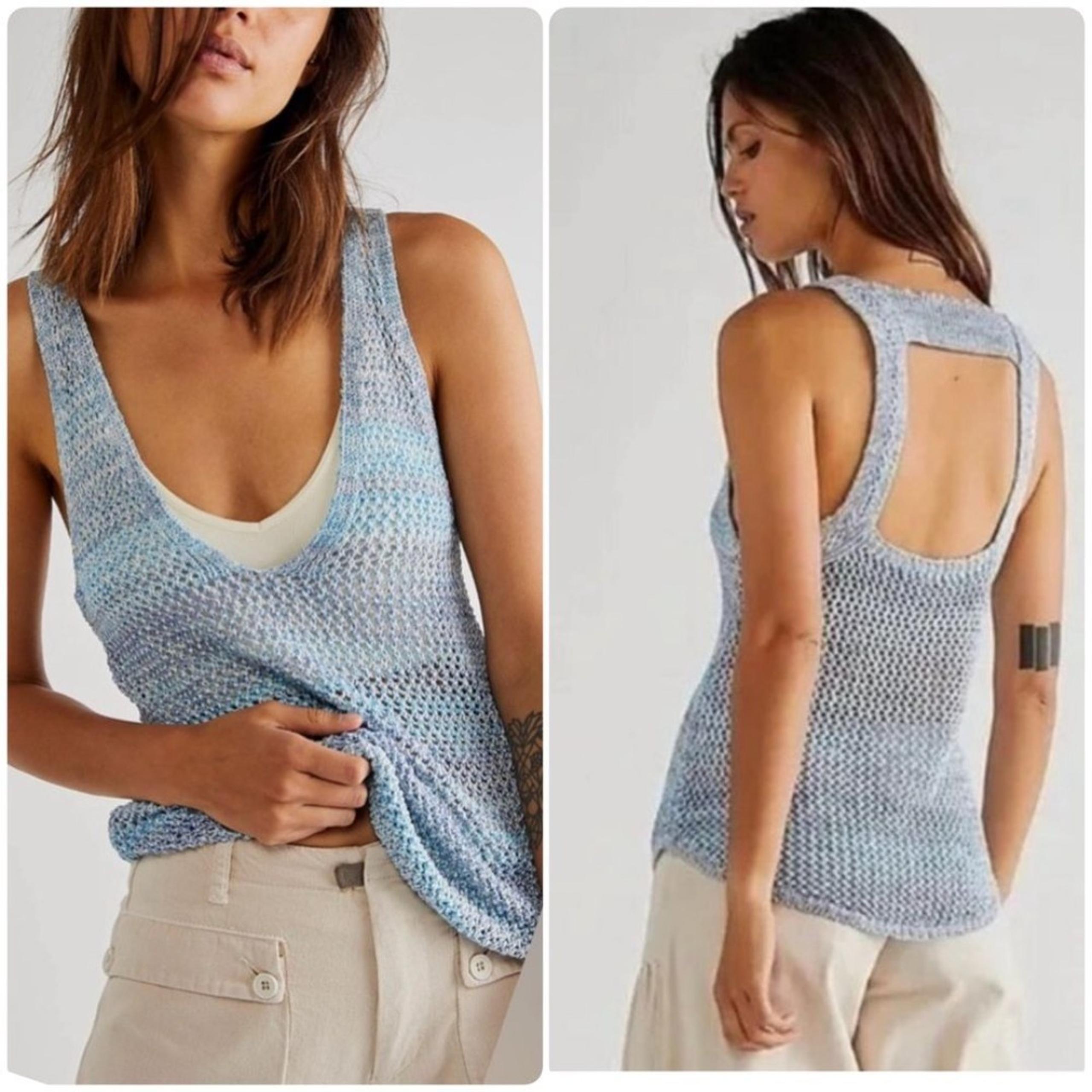 Free People We the Free Under the Starlight Marled Blue Knit Tank Top Sz Medium