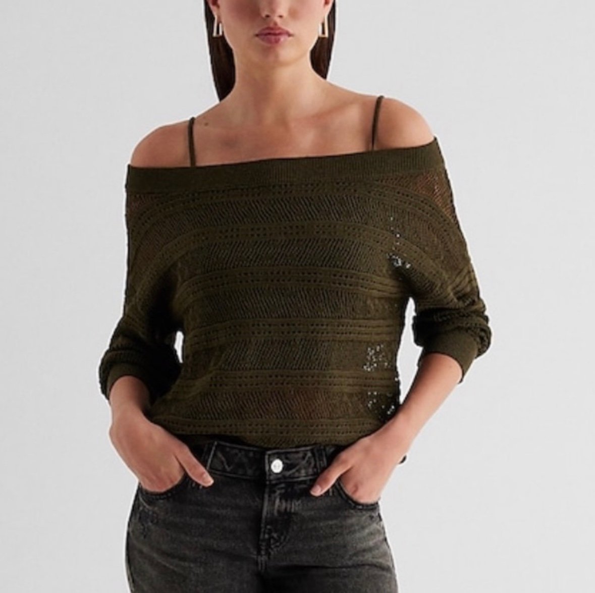 NWT Express Relaxed Off The Shoulder Crochet Sweater L Olive Green
