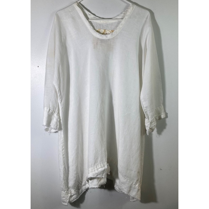 Womens Tina Givens Lagenlook Tunic Top Dress Frayed Asymmetrical Hem White SM