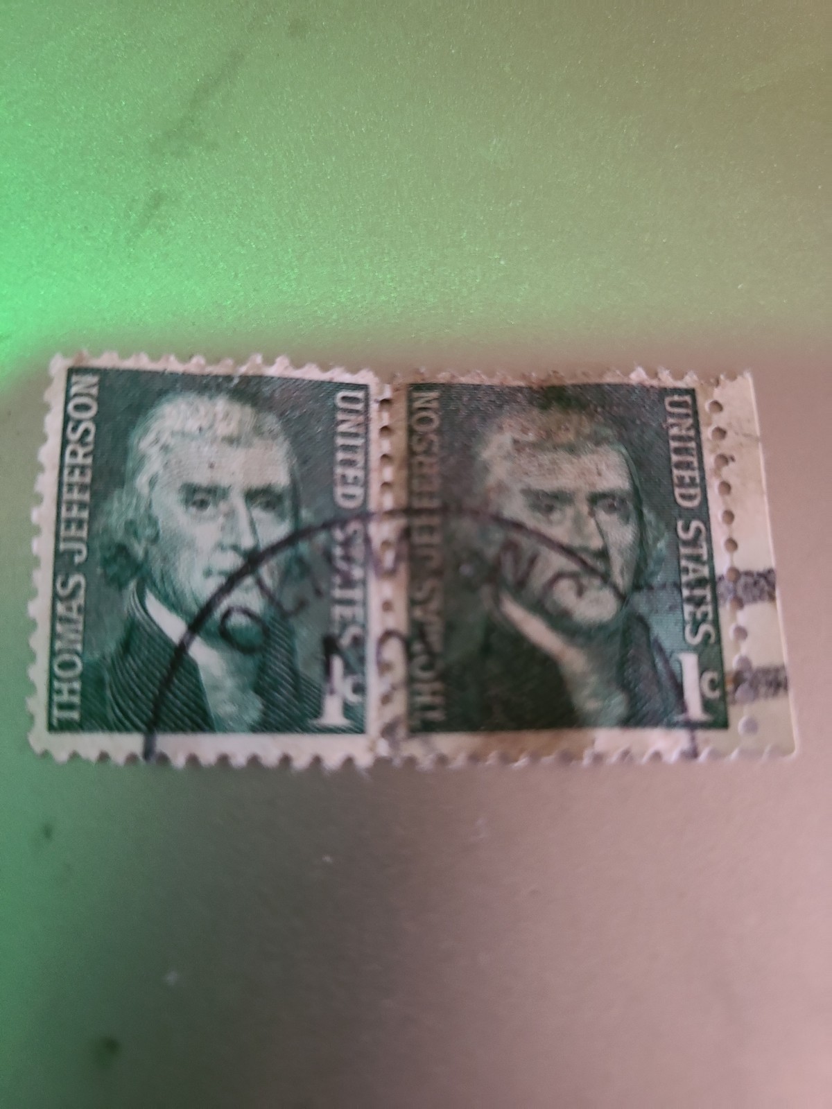 2 stamps with edge Thomas Jefferson 1cent