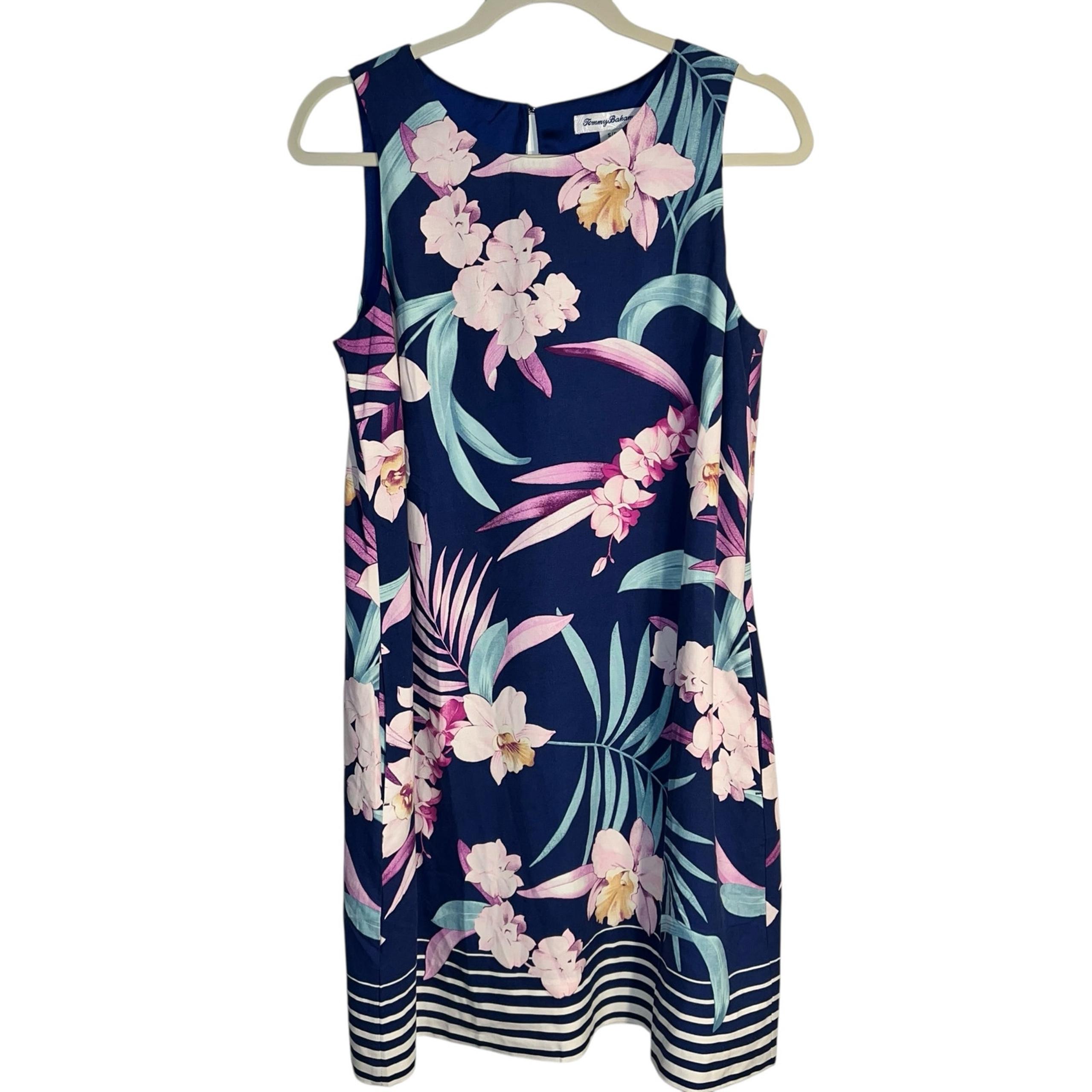 Tommy Bahama 100% Silk Sleeveless Tropical Floral Dress Navy Pink Size Small