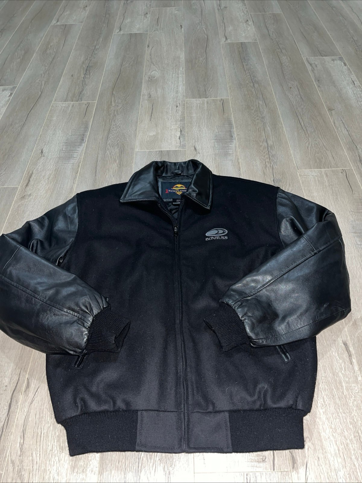 New Z Lander Men's Large Black Wool Leather Bomber Jacket Full Zip