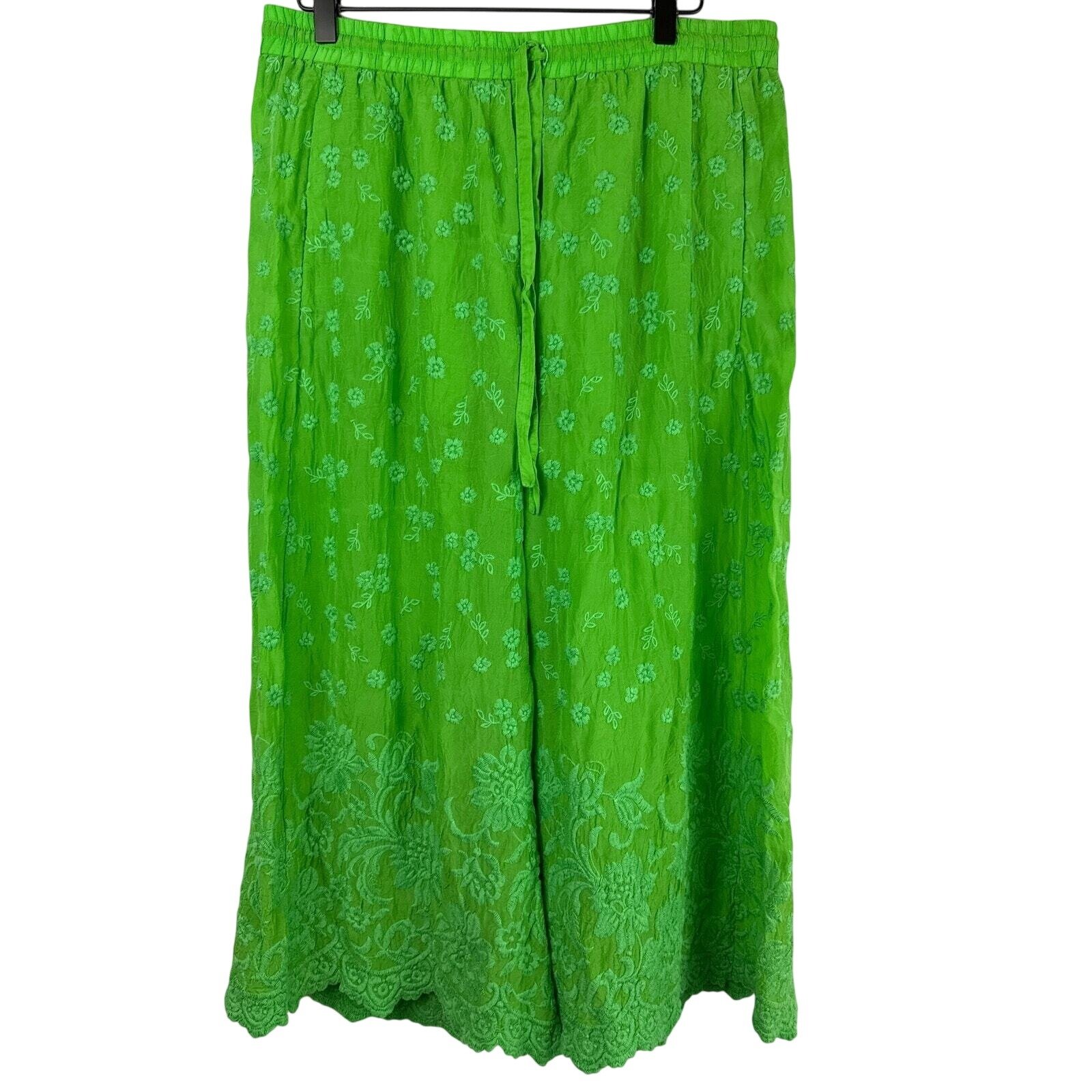 JOHNNY WAS Womens Pants Cropped Wide Leg Lime Green Floral Scalloped Hem Sz Sm