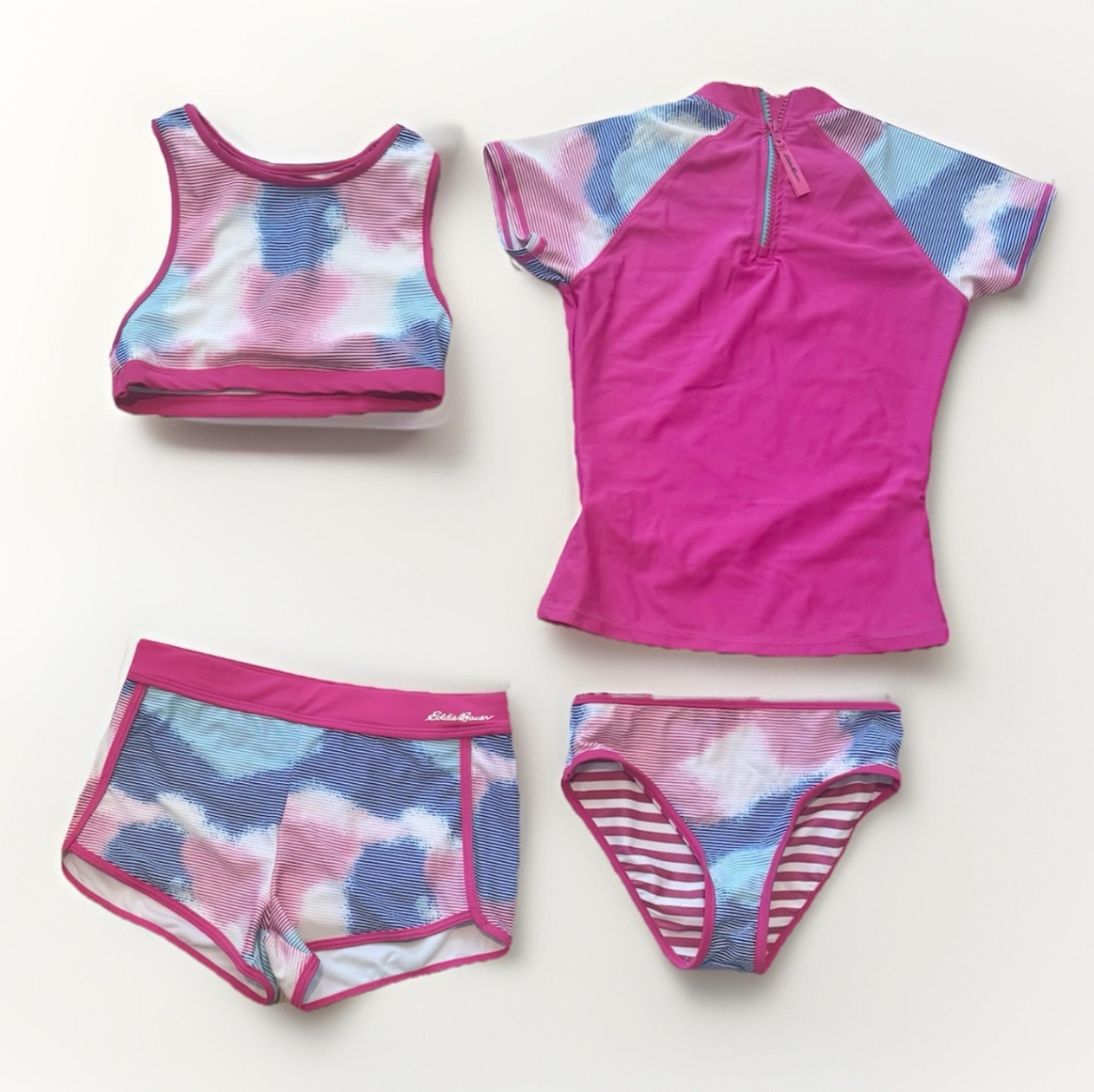 Eddie Bauer Sz S 7-8 Girls Swimsuit 4-Piece Top Bottoms Rash Guard Shorts Set