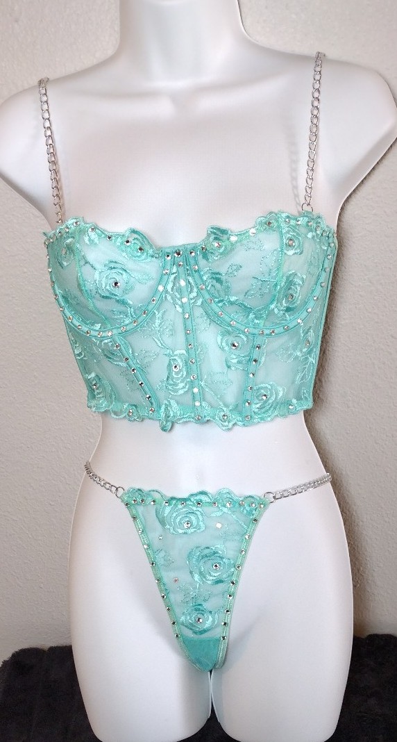 Mint Green Floral Lace & Mesh Rhinestoned 2Pc Bralette Lingerie Thong Set Small