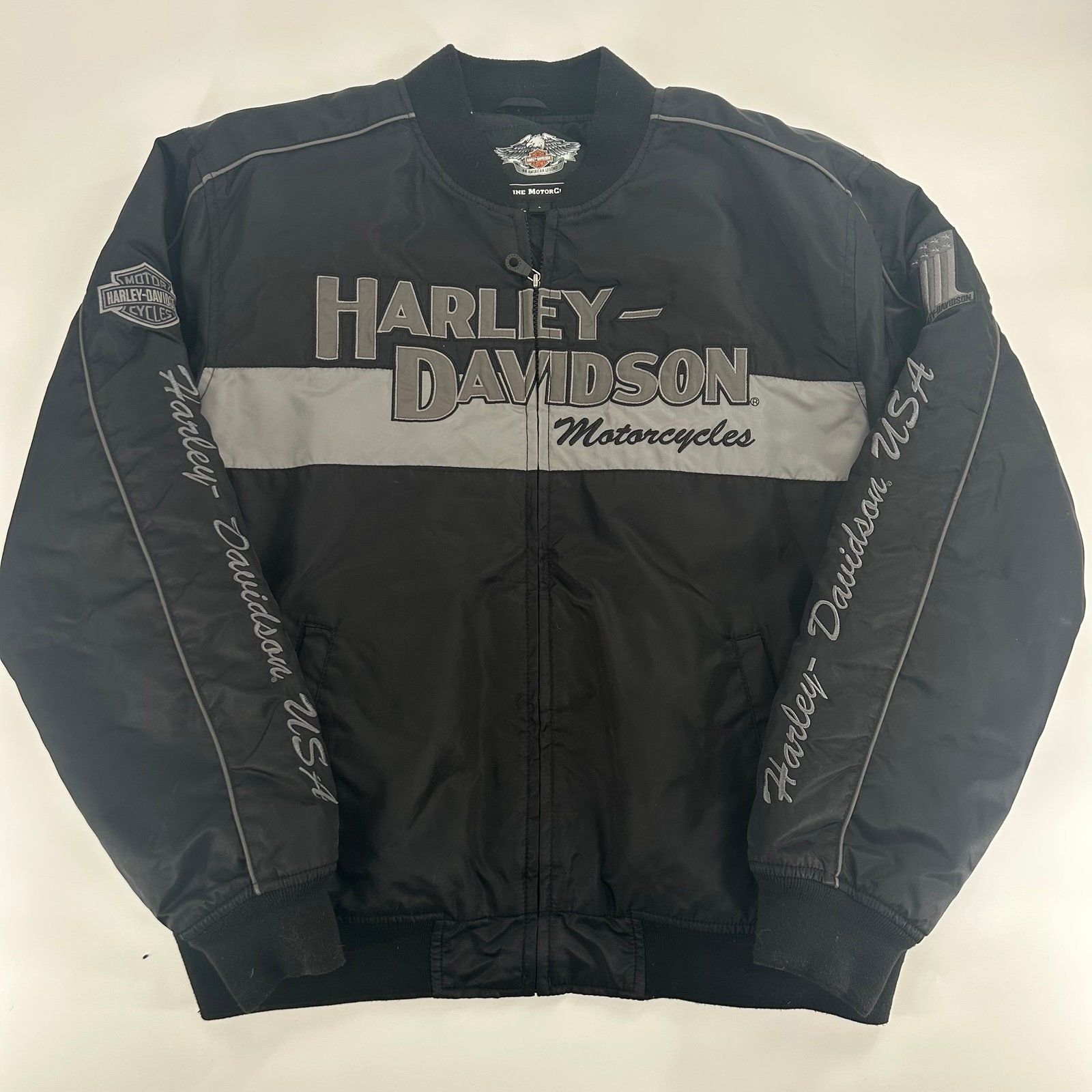 Mens Harley Davidson Black Nylon Embroidered Motorcycle Jacket