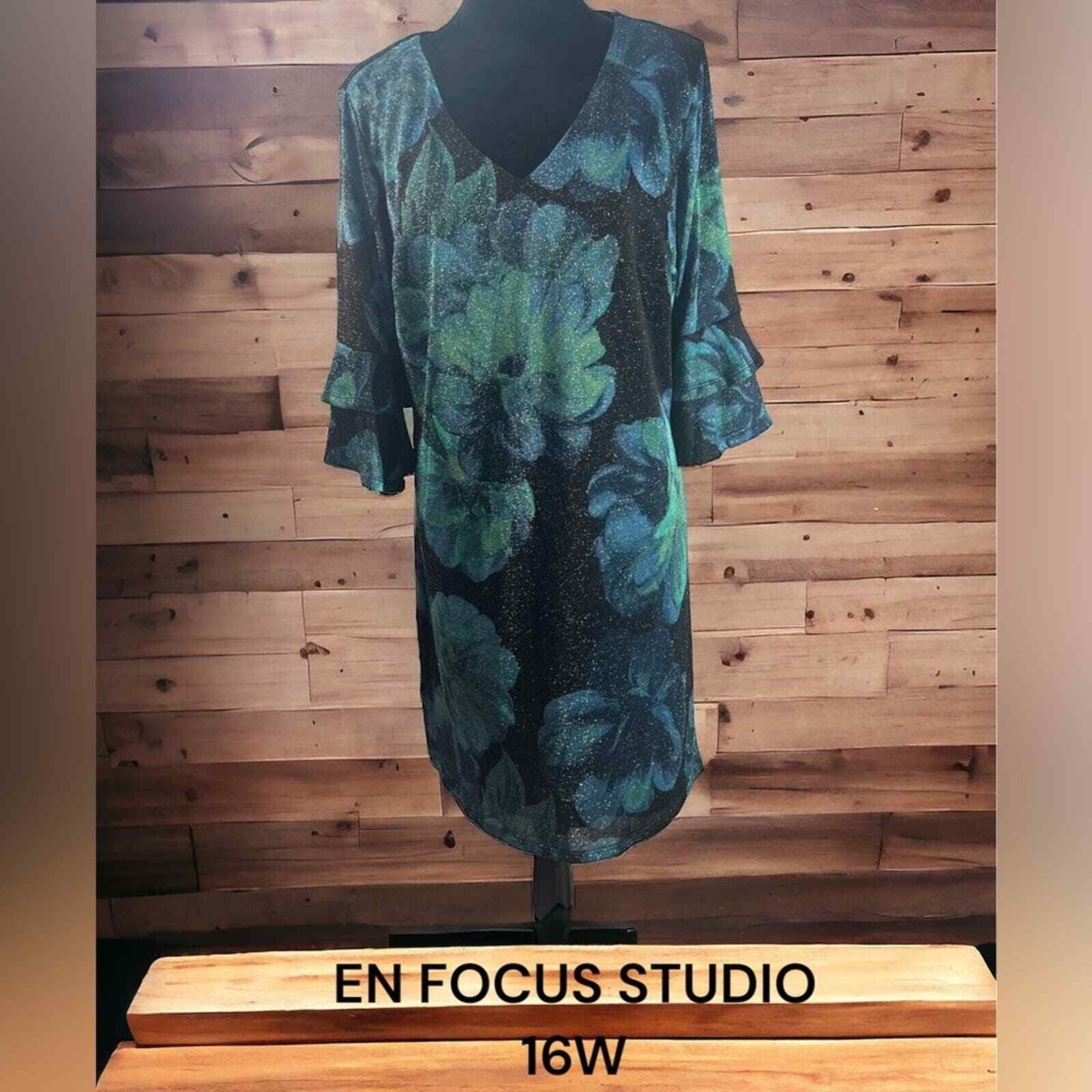 EN FOCUS STUDIO, 16W, BLACK/BLUE/GREEN,SHIMMERING FLORAL DRESS