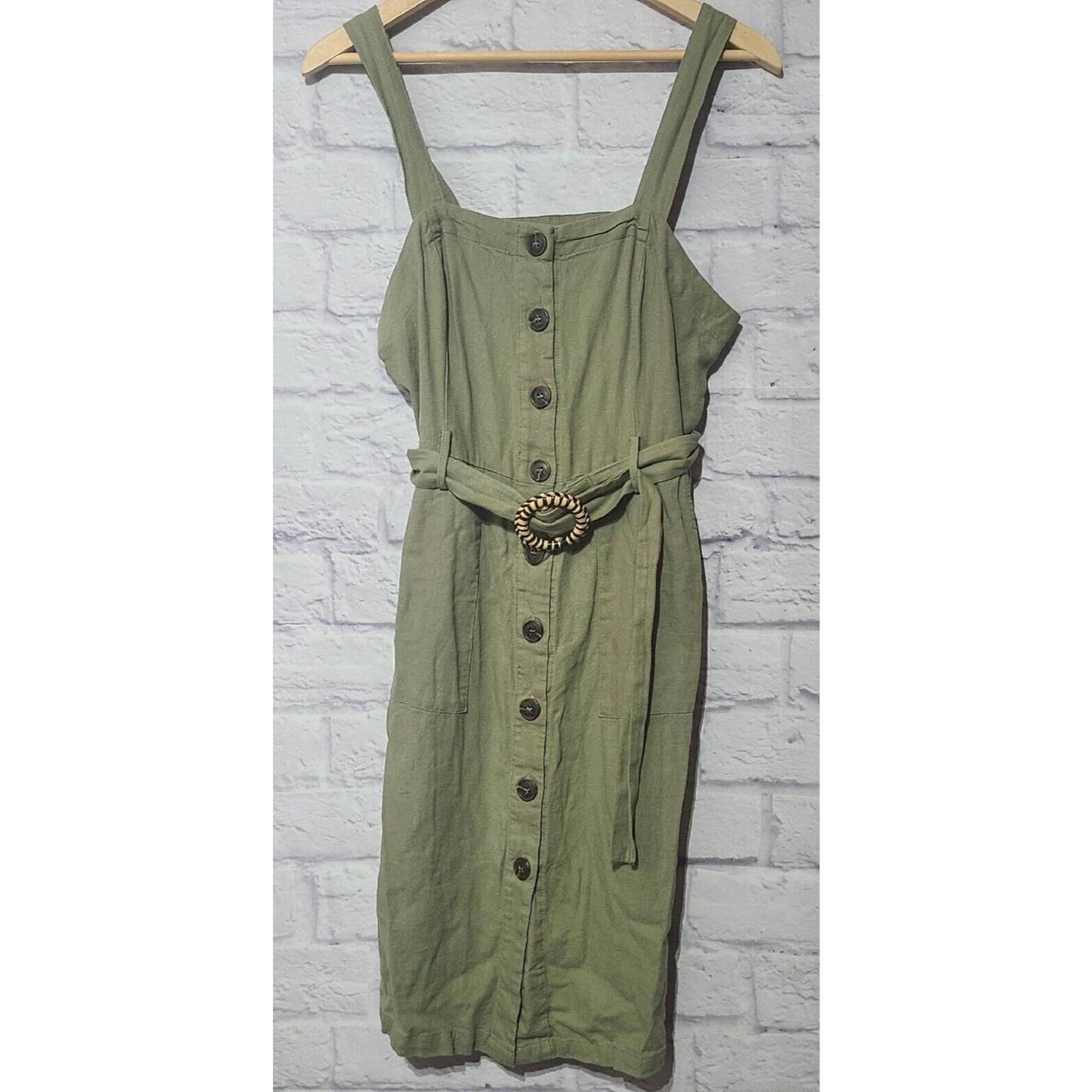 Altar'd State Linen Blend Overall Dress Women's Size Large Green Belted Buttons