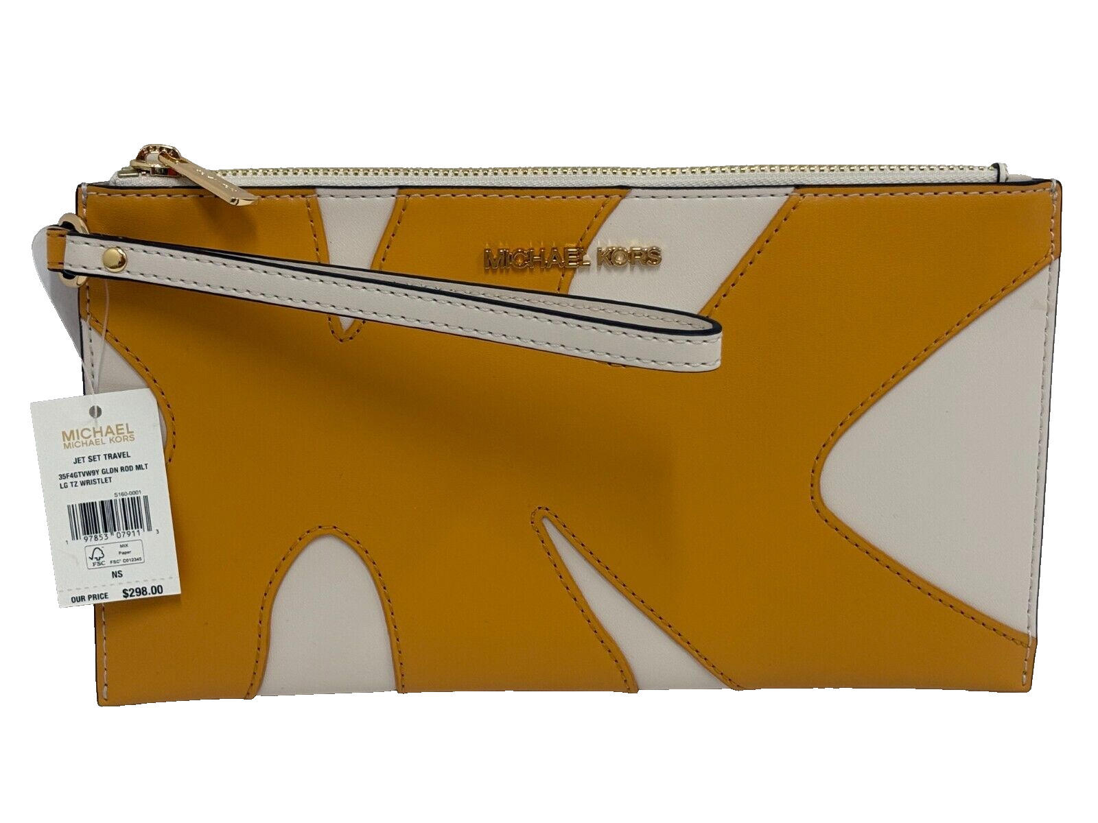 MICHAEL KORS JET SET TRAVEL LARGE CLUTCH TOP ZIP WRISTLET YELLOW MULTI NWT