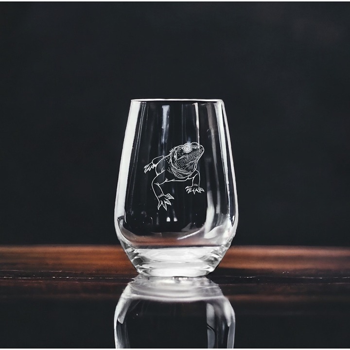 Bearded Dragon Stemless Wine Glasses x4 Premium 15 Oz Personalize Lizard NEW