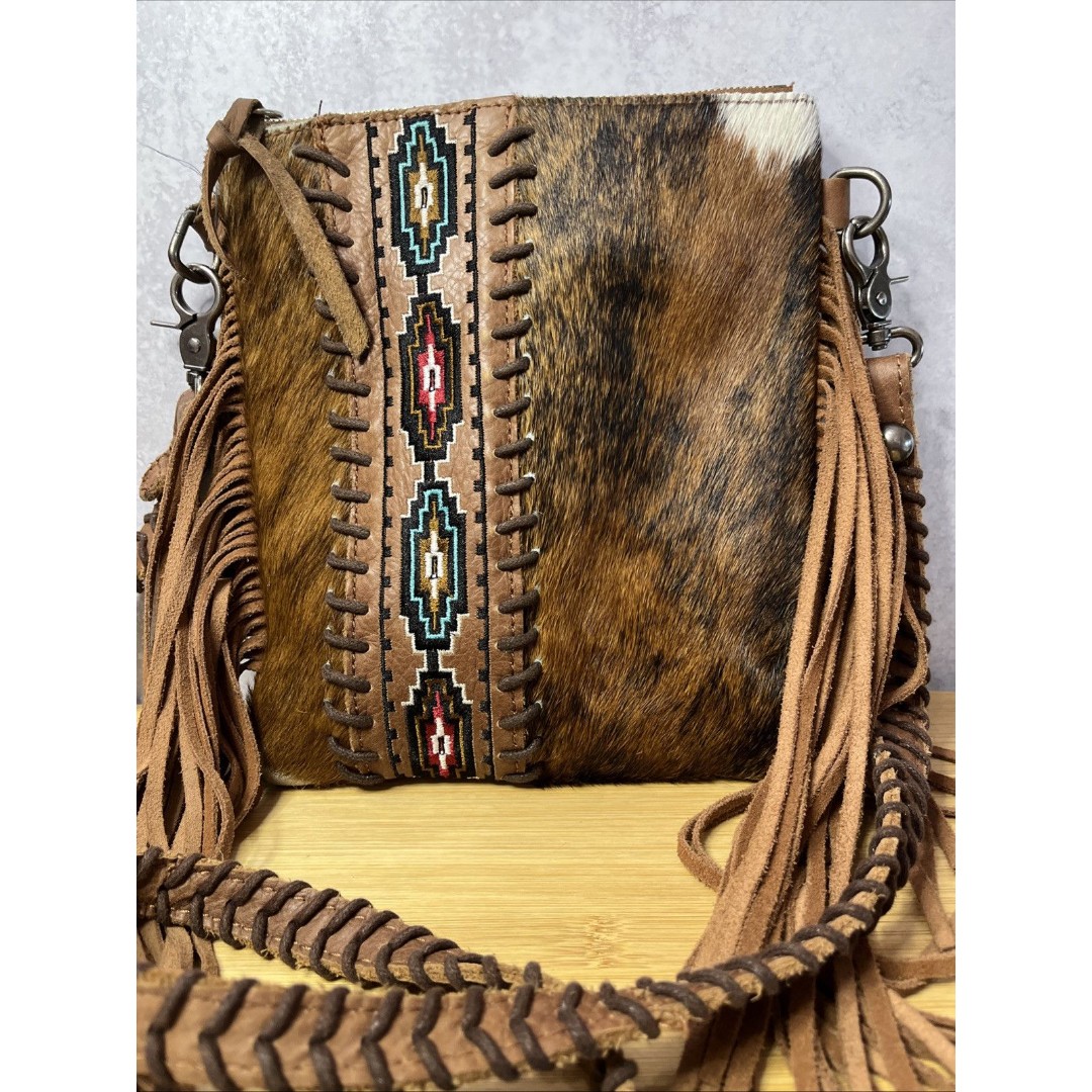 Cowhide And Leather Messenger Handbag Aztec Embroidered