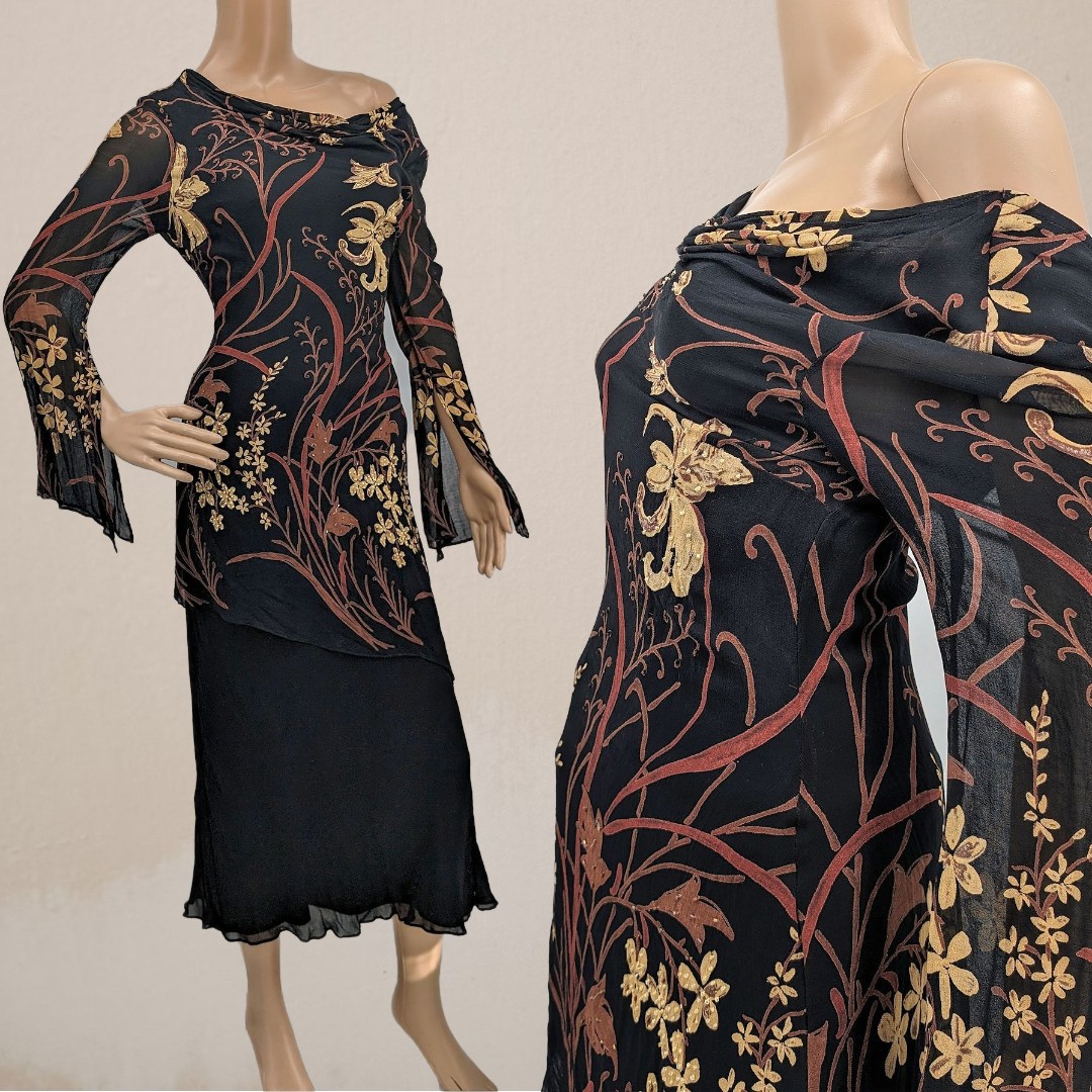 Vintage 1990s Eva Blue Midi Dress Black Dark Fairycore Whimsygoth Size 6