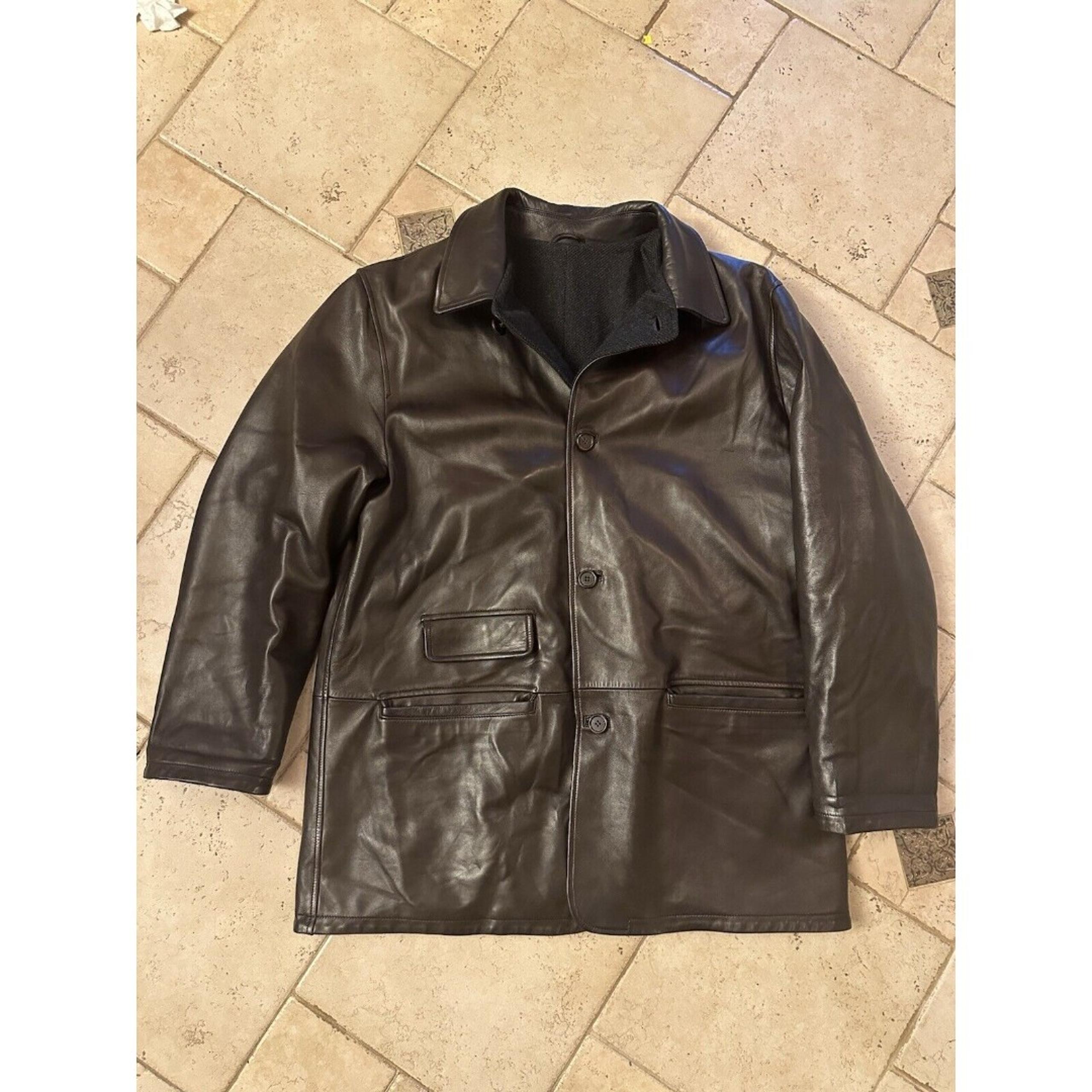 Ermenegildo Zegna Brown Leather Jacket 100% Cashmere Lining Size 54 XXL Italy