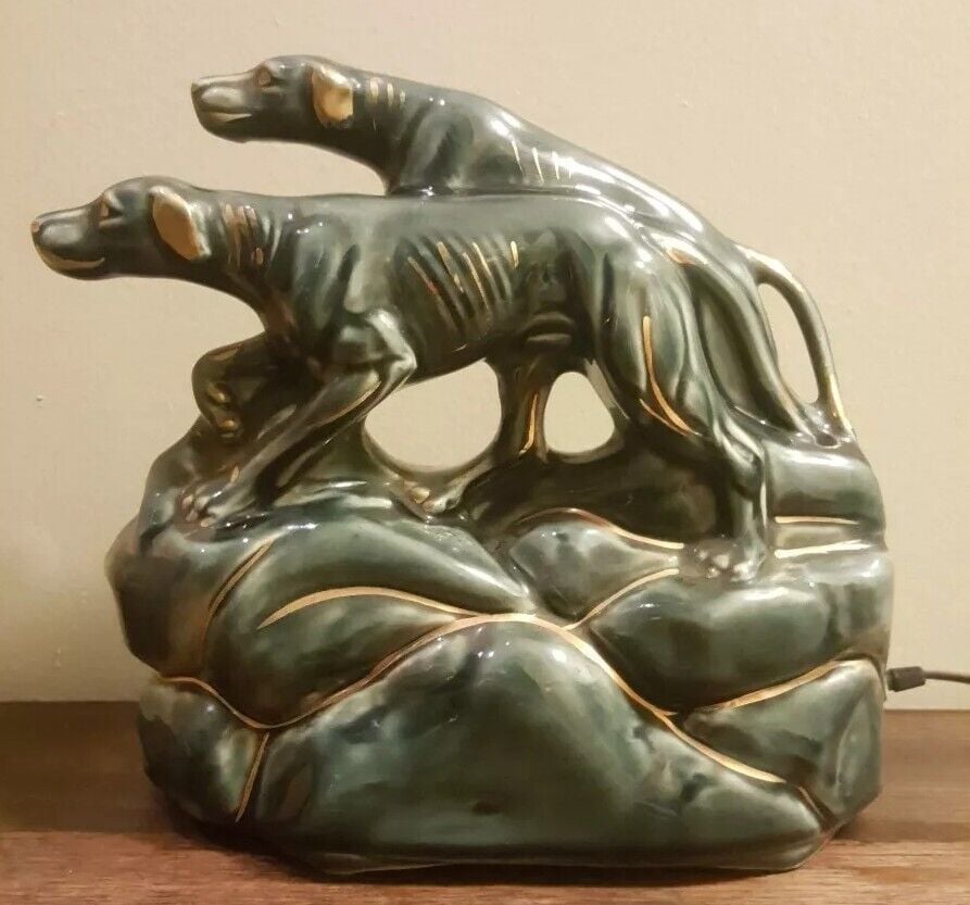 Rare 50s MCM Midnight Blue/Gray Gold Double Greyhound Ceramic TV Lamp EUC 11