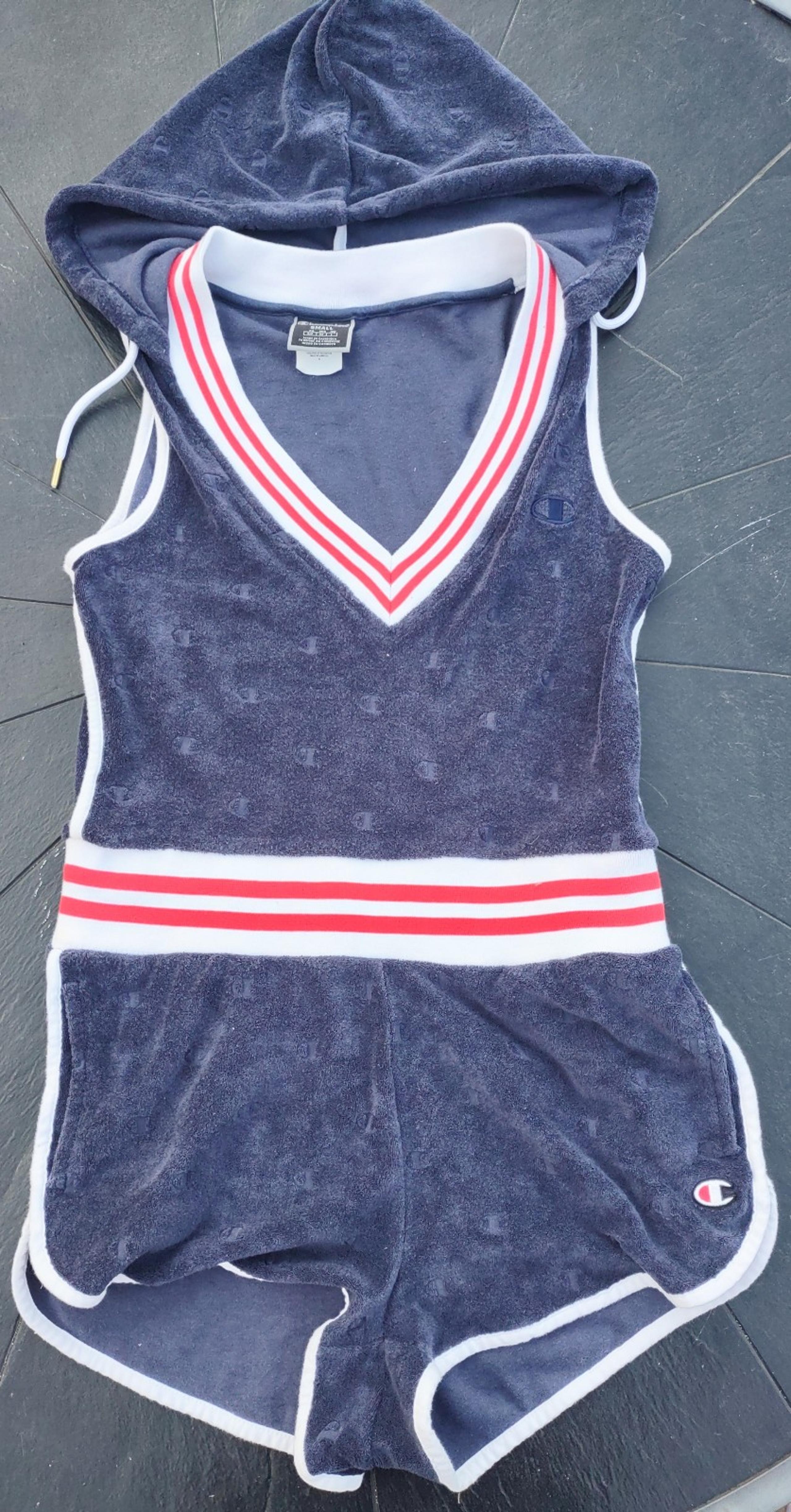 Champion Women's Terry Romper One Piece Blue Logo Pockets Size Small