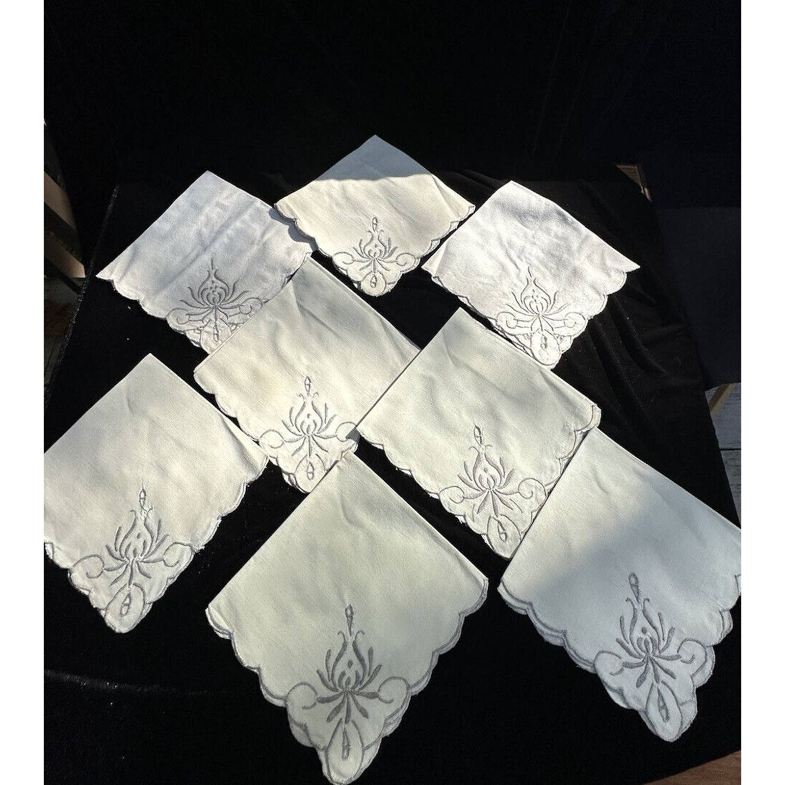 8 Beautiful Antique Broderie Anglaise Madeira Tea Napkins-Early 1900's
