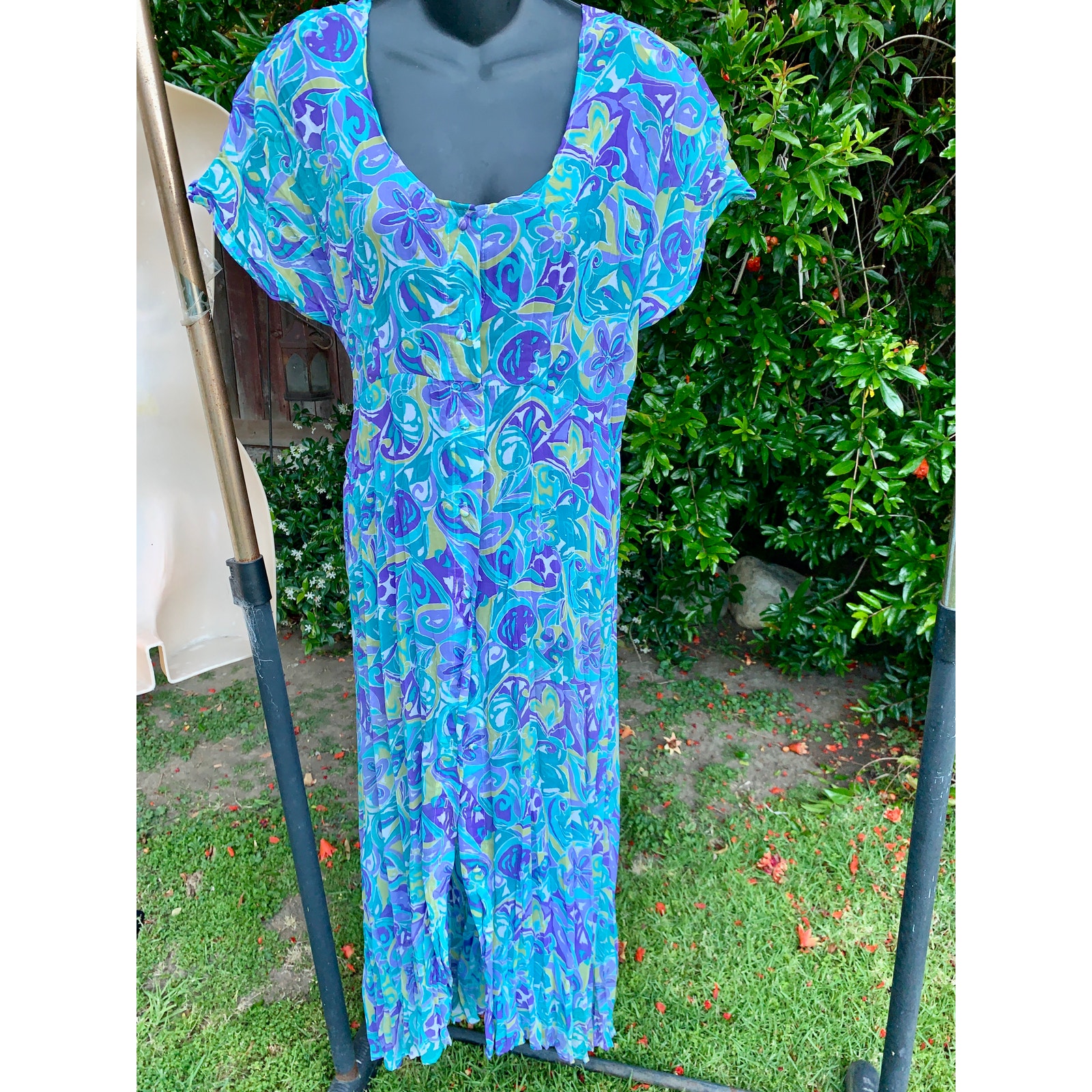 90's DOES 60's PSYCHEDELIC HIPPIE BOHO PRINT MAXIDRESS BUTTON UP TIE BACK OSFA