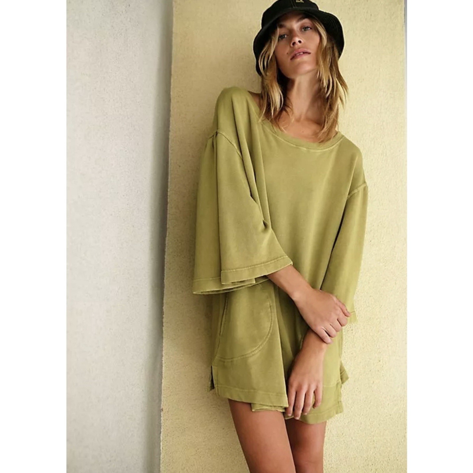 Free People FP Beach L Large Chloe Pullover Tunic Top Sweatshirt Oversized Beige