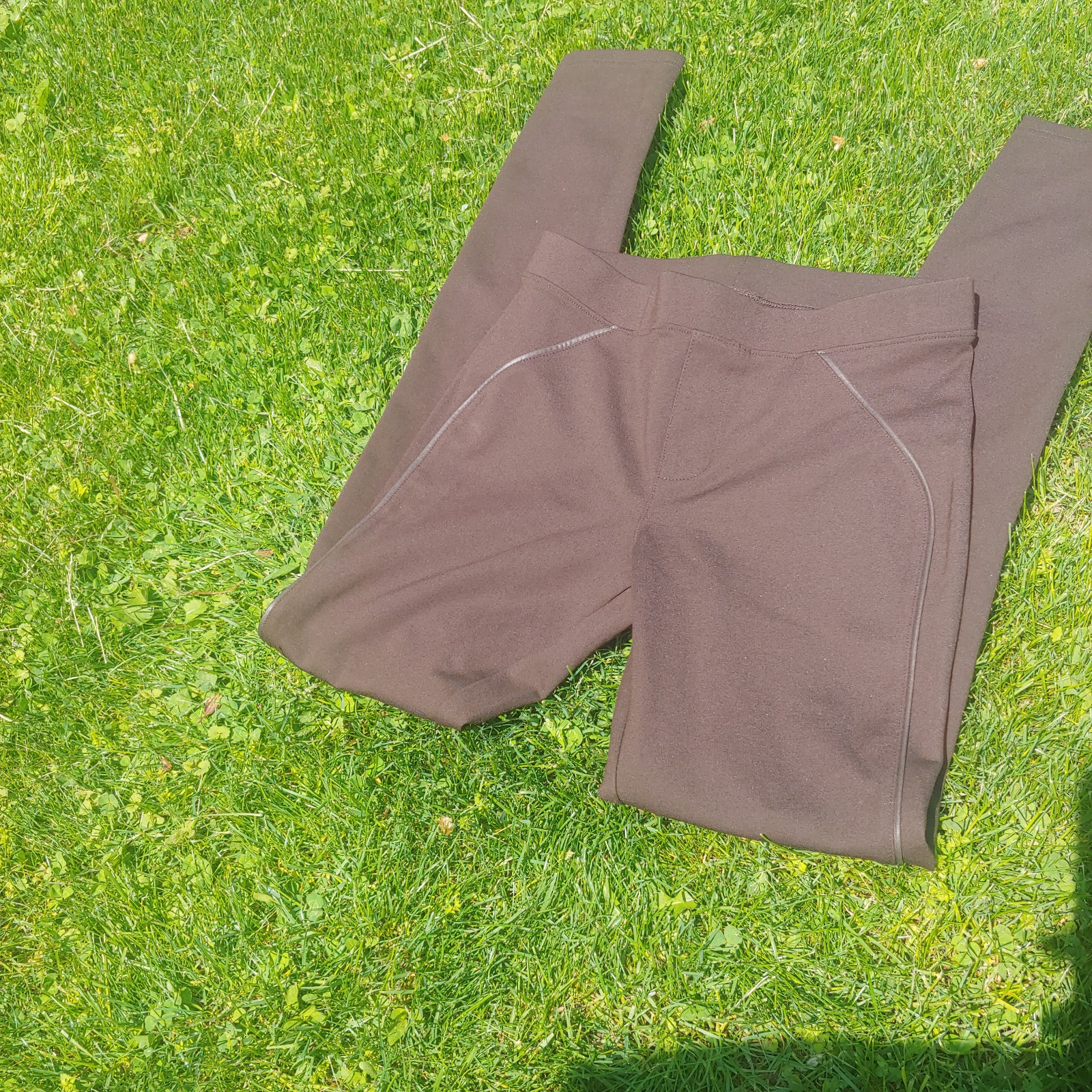 New hue brown leather trim Ponte leggings stretch XS pull on professional office