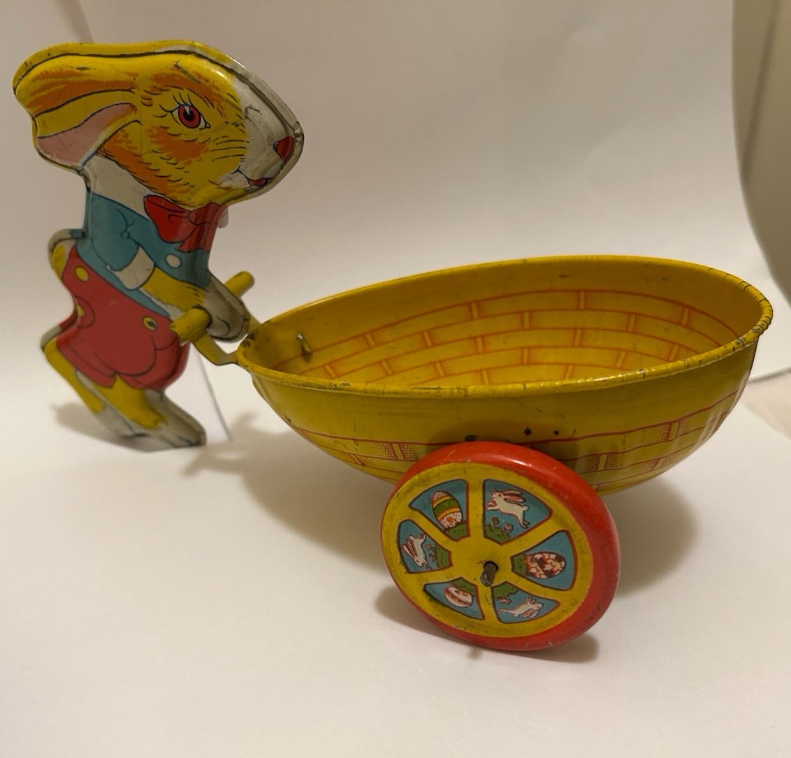 Rabbit Pushing Egg-Shaped Cart - Vintage Toy - J. Chein & Co.