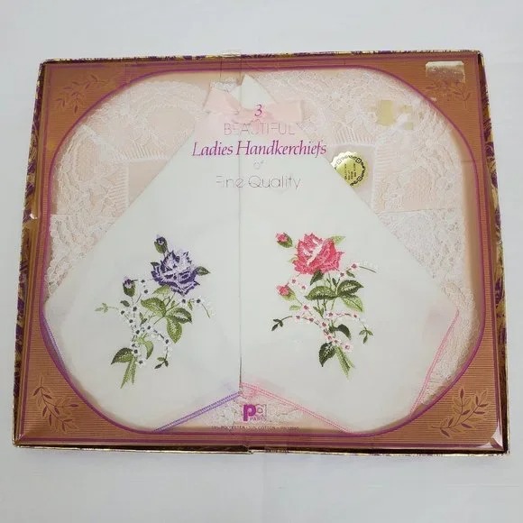 3 Ladies Handkerchiefs of Fine Quality PA Paris Lace Floral Embroidered Set