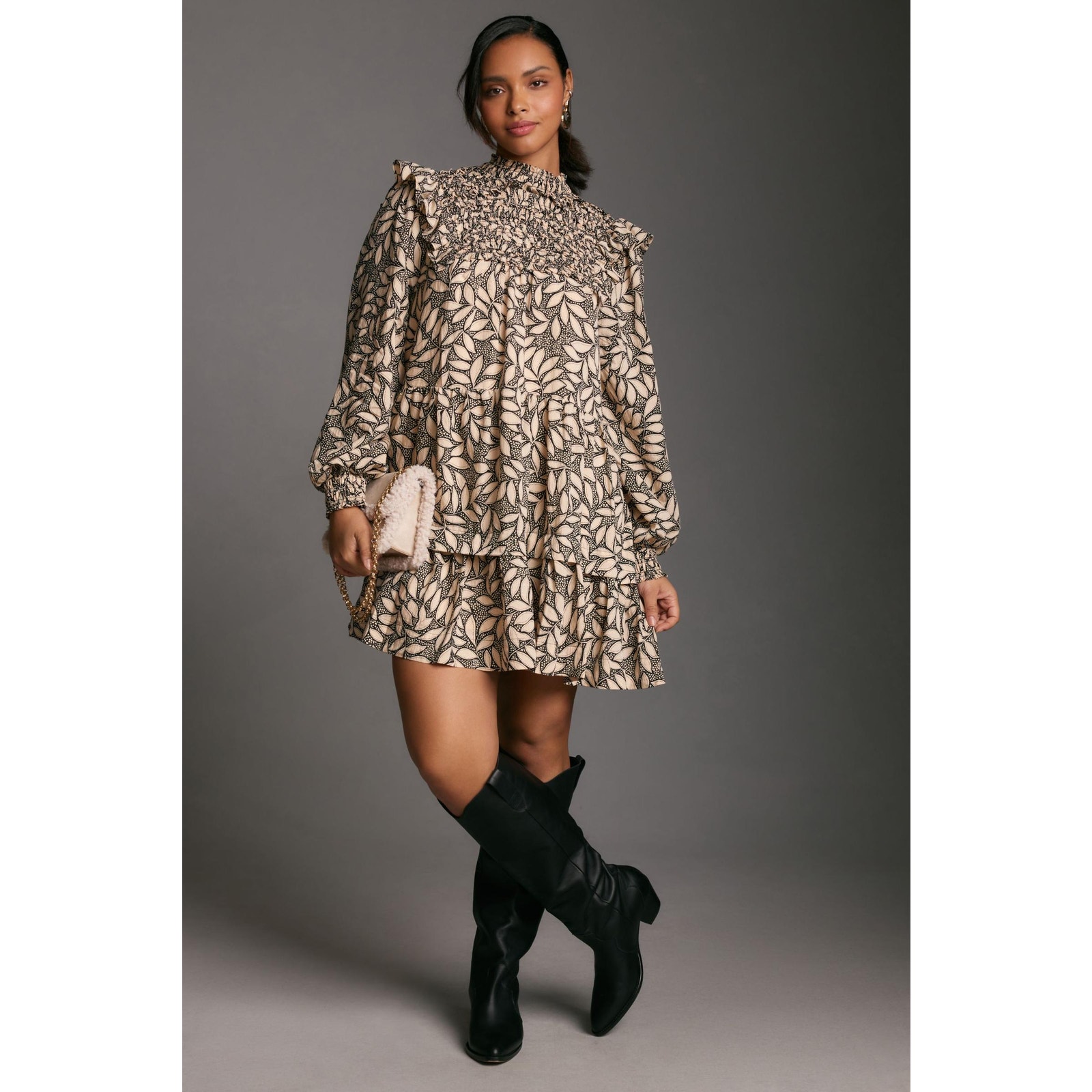 nwt by ANTHROPOLOGIE sz 1X Long Sleeve Printed Smocked Mini Dress
