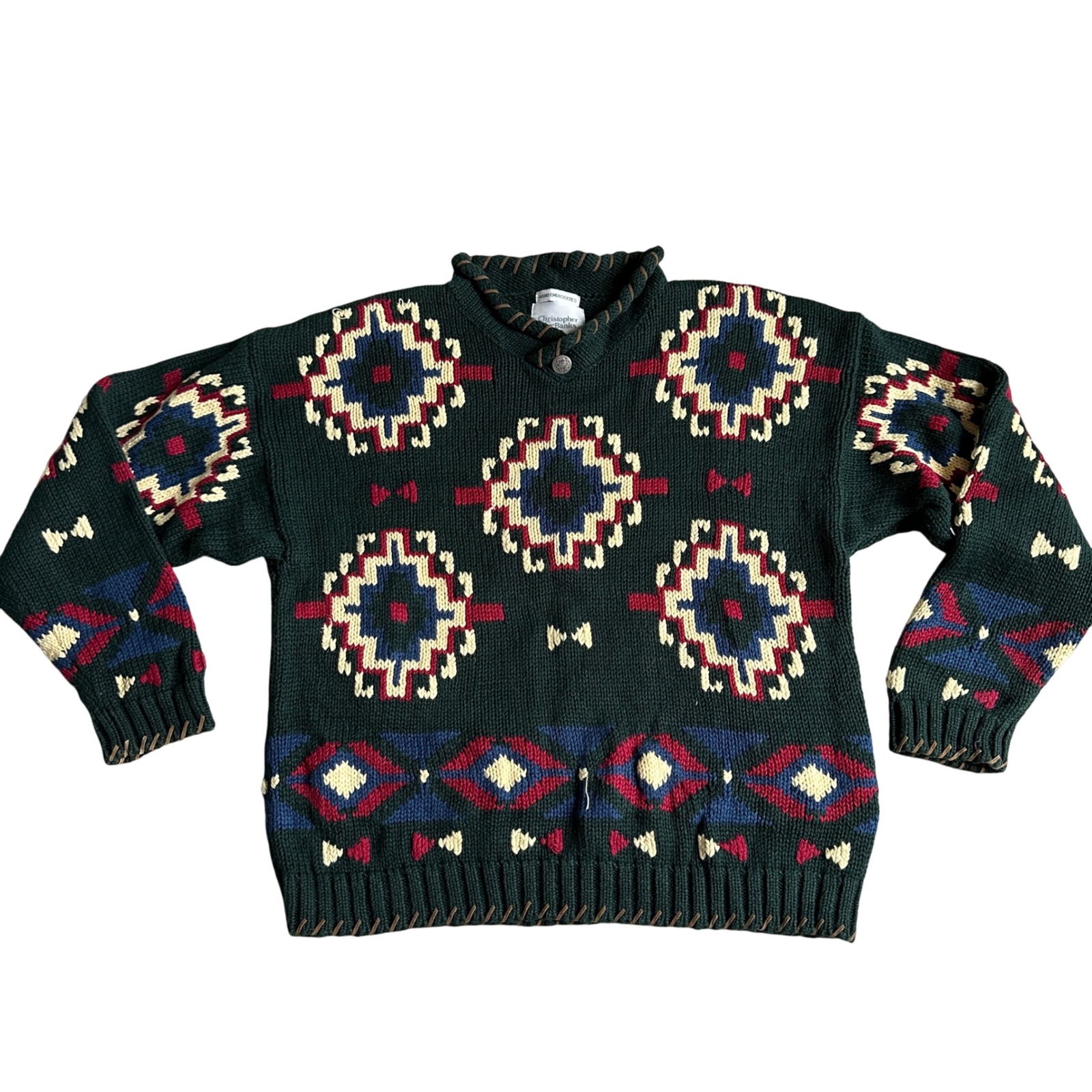 Vintage Christopher & Banks Aztec Sweater Womens L Hand Embroidered Chunky Knit