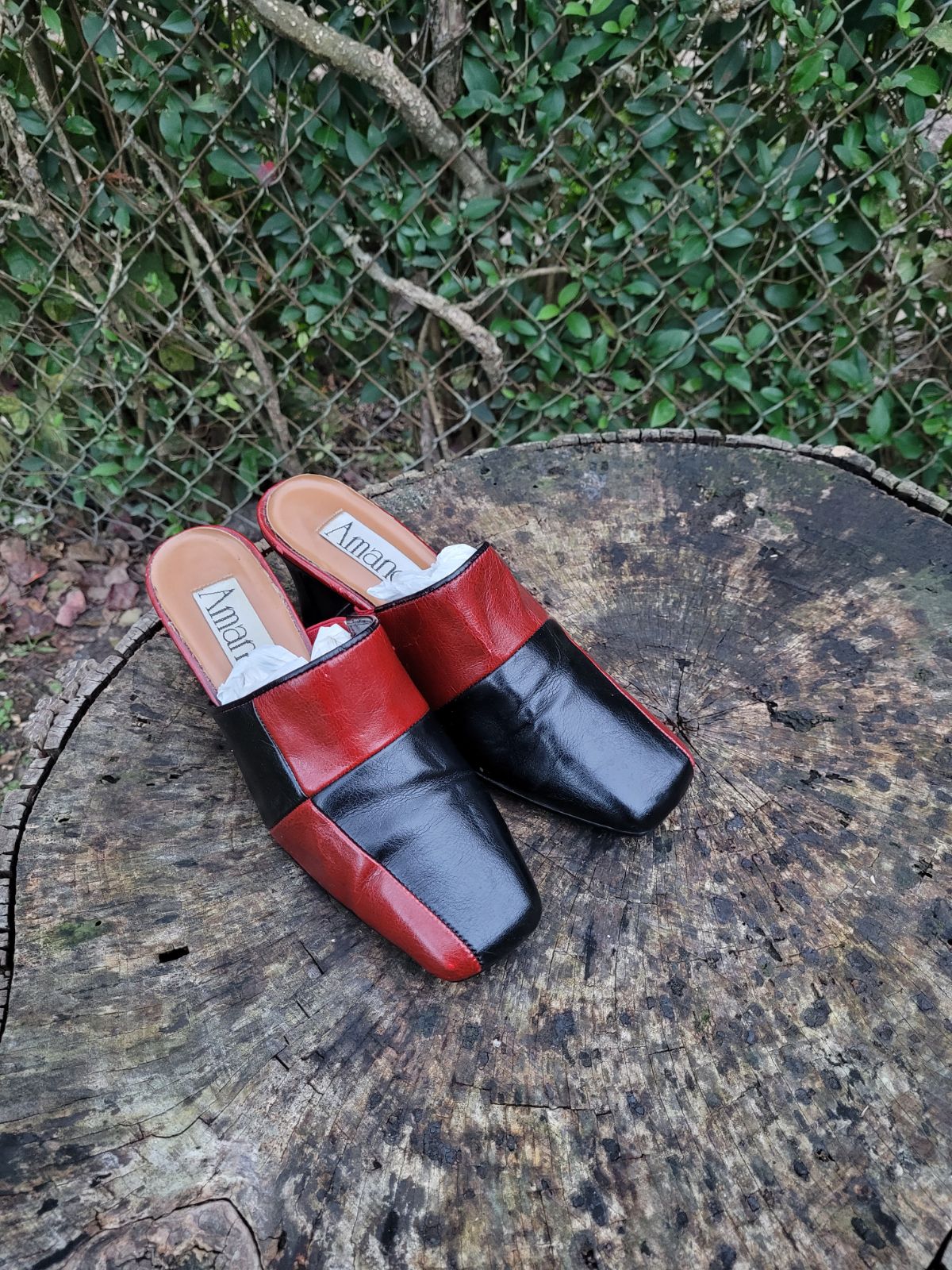 Women Vintage Leather Red and Black Patchwork Mules By Amanda Size 8M/Women Leat