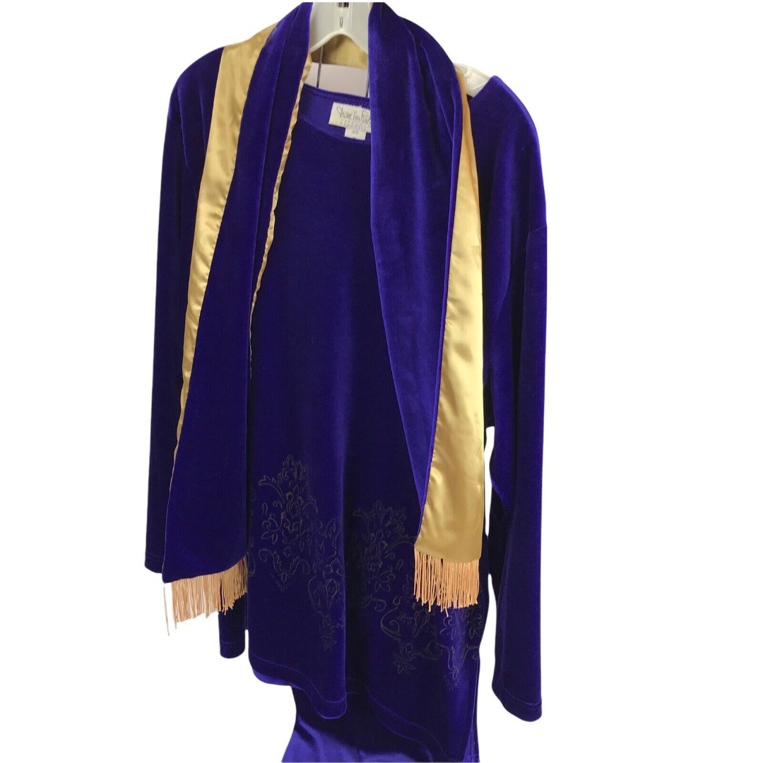 Vtg DVF 3 piece Pant Blouse & Scarf set 2X Purple Velour Diane Von Fustenberg