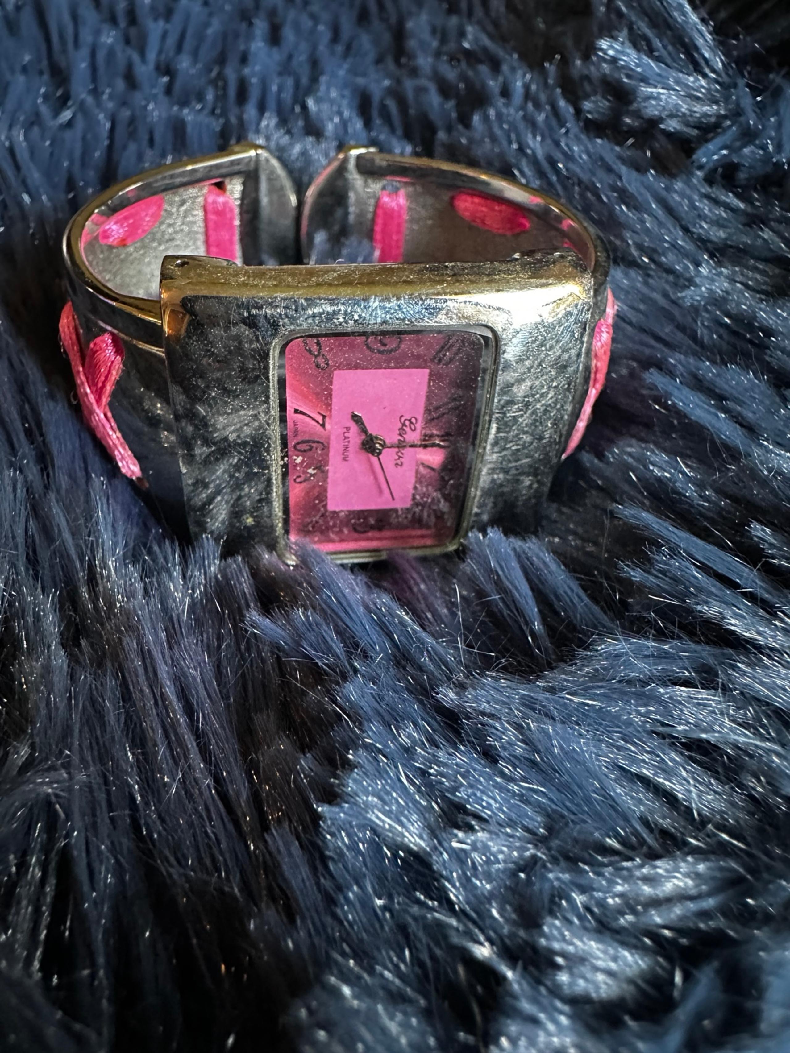 Geneva Analog Wristwatch Silver Tone & Pink Ribboned Cuff Band