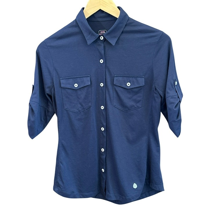Stio Women's Navy Blue Collared Button Up Roll Tab Sleeve Blouse Small EUC