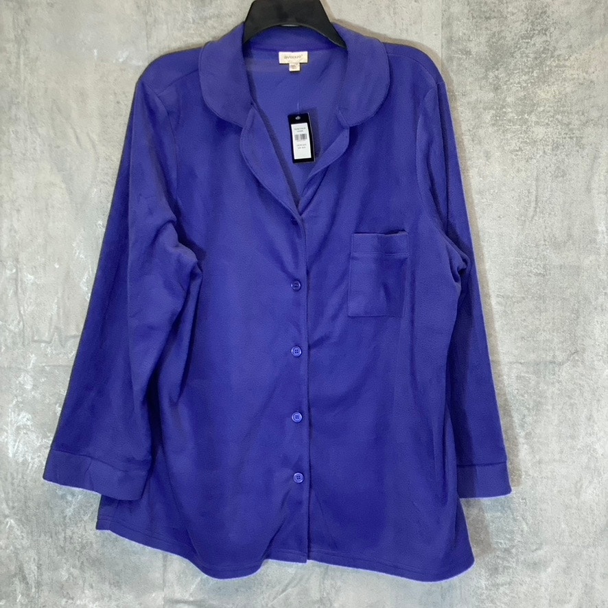 AVENUE Women's Plus Size Purple Button-Up Fleece Long Sleeve Lapel Collar V-Neck