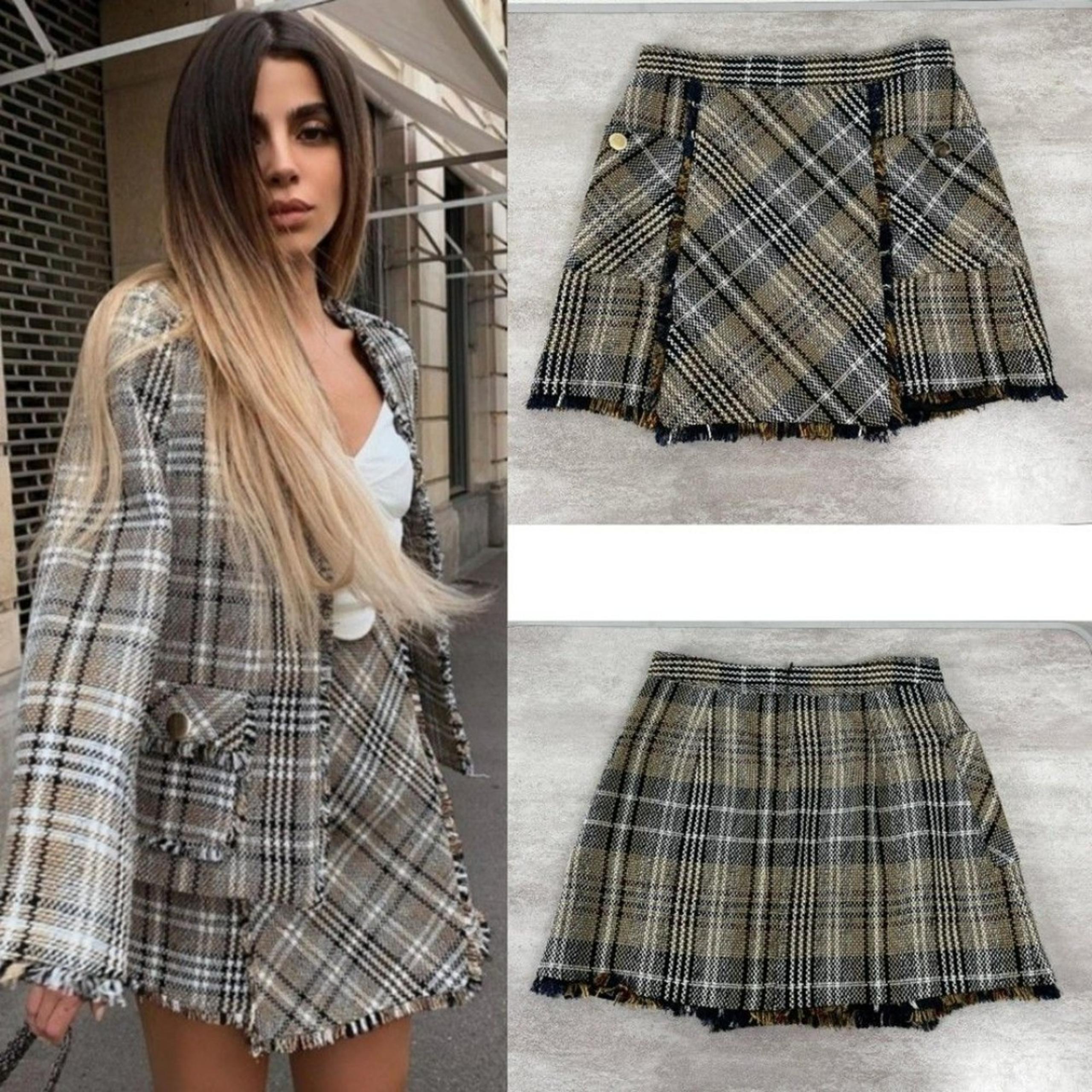 Zara Women's Size M Twill Tweed Plaid Fray Size M Preppy A Line Y2K Mini Skirt