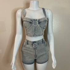 Denim crop top shirted back high waisted shorts set