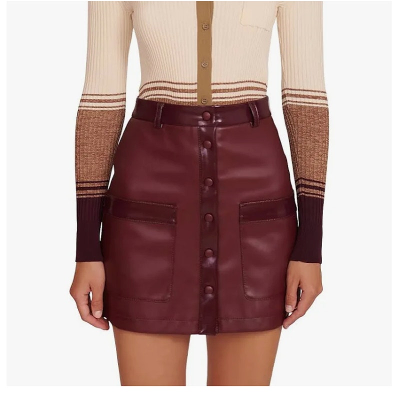 STAUD Paper Skirt Faux Leather Snap Front Mini Skirt Plum