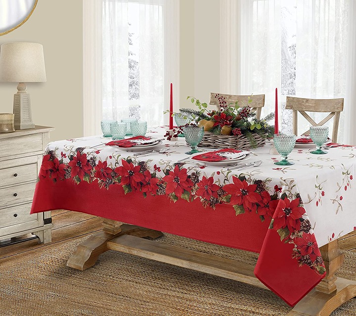 Blooming Poinsettia’s Double Bordered Fabric Tablecloth 52 x 52 Squre