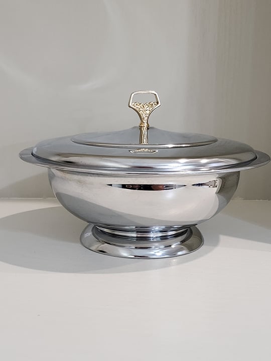 Vintage Stainless Chrome Deep Dish Kromex Casserole On Pedestal Made in USA Like
