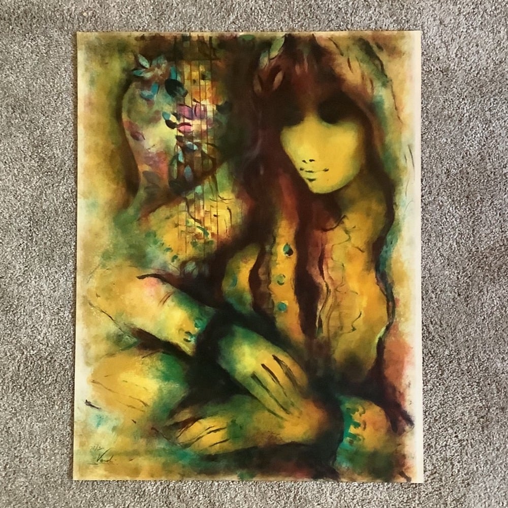 Vintage Yehuda Vardi Signed Lithograph Print - Woman and Guitar