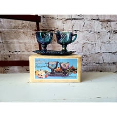 Indiana Blue Carnival Glass Harvest Grape Creamer, Sugar & Tray Set w Original B