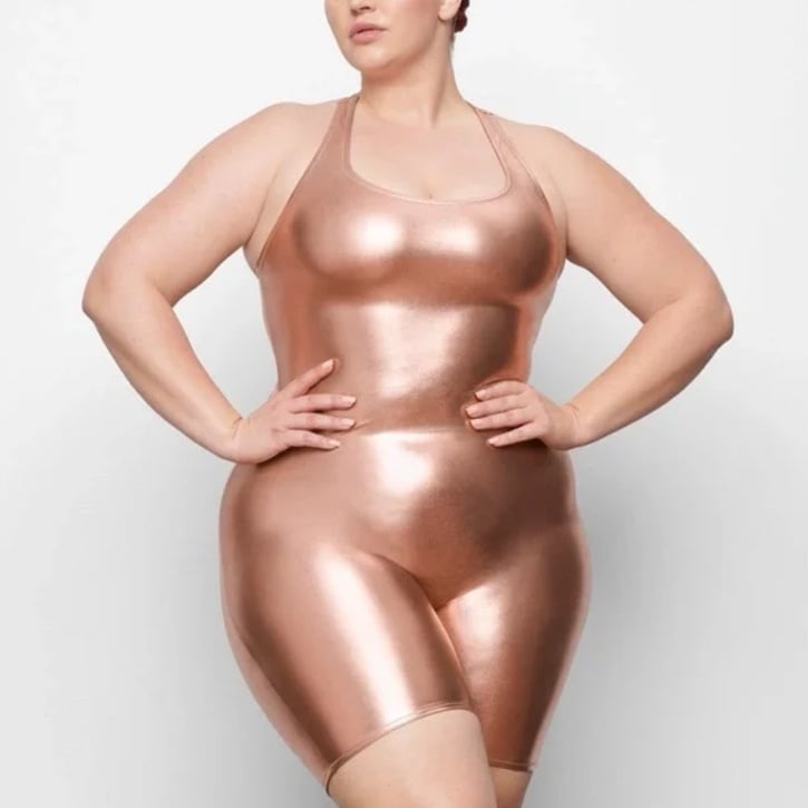 NEW SKIMS Metallic Swim Cycle Suit Champagne Shorty Bodysuit Onesie 3X Plus