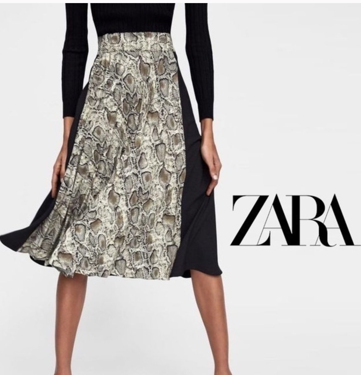 Zara BASIC NWT TRENDY NWT BLACK/front snake print pleated midi skirt S