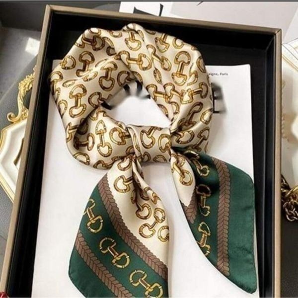 Square Scarf Blue or Green Edge Golden Buckles Printed, Silky Style Neck Scarf