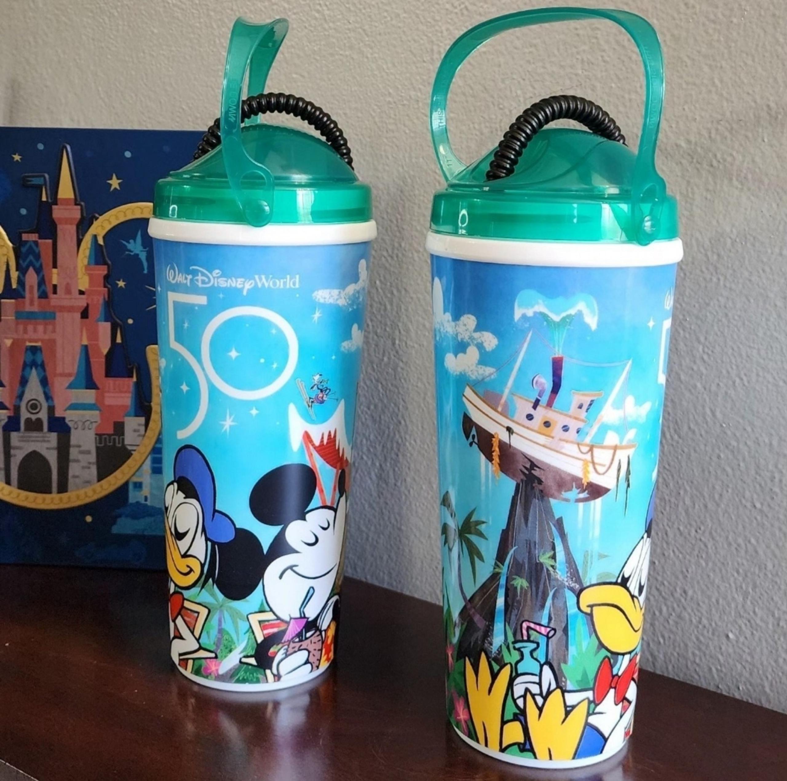 NEW Walt Disney World 50th Anniversary Refillable Cups with Straws (Set of 2)